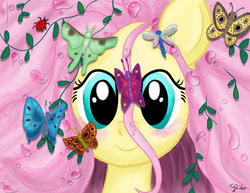 Size: 1024x791 | Tagged: safe, artist:thefcshop, fluttershy, butterfly, dragonfly, ladybug, pegasus, pony, g4, bust, cute, fantasia, fantasia 2000, female, firebird suite, portrait, shyabetes, solo, spring sprite, stray strand