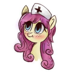 Size: 1024x1024 | Tagged: safe, artist:kittumera, fluttershy, g4, alternate hairstyle, bust, female, looking away, looking up, nurse, nurse outfit, portrait, simple background, solo, white background
