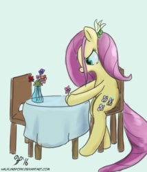 Size: 720x840 | Tagged: safe, artist:halflingpony, fluttershy, pony, g4, atg 2016, date, disappointed, female, flower, flower in hair, frown, looking down, newbie artist training grounds, solo, standing up, story included, stray strand, table, vase, wingless
