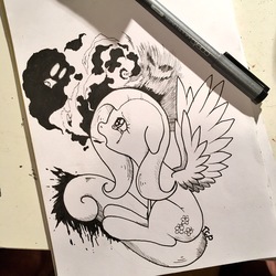 Size: 2048x2048 | Tagged: safe, artist:mizore43, fluttershy, pegasus, pony, g4, black and white, copic, female, floppy ears, grayscale, high res, lineart, marker, marker drawing, markers, monochrome, open mouth, shadows, sitting, solo, spread wings, teary eyes, traditional art
