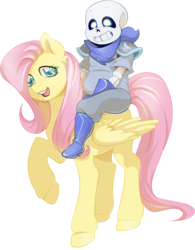 Size: 1714x2196 | Tagged: safe, artist:pyoo-kee-pony, fluttershy, pegasus, pony, g4, cute, duo, humans riding ponies, raised hoof, riding, sans (undertale), shyabetes, simple background, smiling, spread wings, standing, transparent background, underswap, undertale, wings