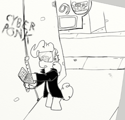Size: 555x534 | Tagged: safe, anonymous artist, pinkie pie, earth pony, pony, g4, 4chan, alley, bipedal, brick wall, clothes, computer, cyberponk, cyberpunk, drawthread, female, graffiti, hacker, hacking, japanese characters, leather jacket, mare, mirrored sunglasses, monochrome, ponk, pun, sign, solo, street, sunglasses