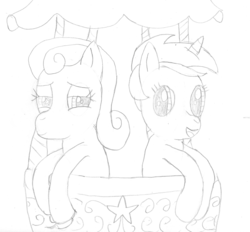 Size: 1702x1577 | Tagged: safe, artist:2shyshy, bon bon, lyra heartstrings, sweetie drops, pony, g4, female, grayscale, hot air balloon, lesbian, lidded eyes, looking at each other, mare, monochrome, newbie artist training grounds, open mouth, ship:lyrabon, shipping, simple background, smiling, traditional art, twinkling balloon, white background