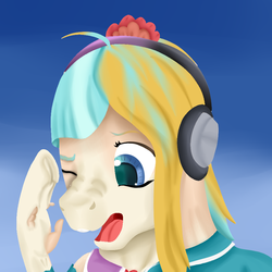 Size: 900x900 | Tagged: safe, artist:bevendre, coco pommel, earth pony, human, pony, g4, blonde hair, bust, female, headphones, human to pony, light skin, mid-transformation, portrait, simple background, solo, transformation