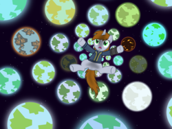 Size: 6000x4523 | Tagged: safe, artist:magister39, oc, oc only, oc:littlepip, pony, unicorn, fallout equestria, absurd resolution, alternate universe, clothes, falling, fanfic, fanfic art, female, hooves, horn, jumpsuit, mare, multiverse, open mouth, pipbuck, planet, solo, space, stars, vault suit
