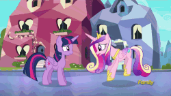 Size: 500x281 | Tagged: safe, screencap, princess cadance, twilight sparkle, alicorn, pony, g4, the times they are a changeling, animated, duo, female, gif, loop, sisters-in-law, sunshine sunshine, twilight sparkle (alicorn)