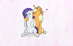 Size: 1312x822 | Tagged: safe, artist:eulicious, applejack, rarity, pony, g4, belly button, cheek kiss, eyes closed, female, floppy ears, heart, kissing, lesbian, mare, one eye closed, pregnant, ship:rarijack, shipping, simple background