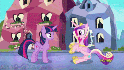 Size: 500x281 | Tagged: safe, artist:小凱, edit, edited edit, edited screencap, screencap, princess cadance, twilight sparkle, alicorn, pony, g4, the times they are a changeling, animated, chinese, discovery family logo, female, gif, hoofy-kicks, loop, sisters-in-law, sunshine sunshine, twilight sparkle (alicorn)