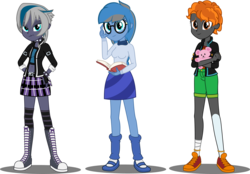 Size: 3000x2093 | Tagged: safe, artist:cyberapple456, oc, oc only, oc:blitz dash, oc:dark script, oc:elizabat stormfeather, equestria girls, g4, amputee, anklet, belly button, belly piercing, bellyring, book, boots, bracelet, choker, clothes, equestria girls-ified, fingerless gloves, glasses, gloves, high res, hug, jewelry, leg warmers, mary janes, midriff, miniskirt, piercing, prosthetic limb, prosthetics, shoes, shorts, skirt, sneakers, socks, spiked choker, spiked wristband, striped socks, tank top, tape, teddy bear, thigh highs, thigh socks, toy, zettai ryouiki