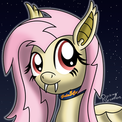 Size: 700x700 | Tagged: safe, artist:rockingscorpion, fluttershy, bat pony, pony, g4, collar, digital art, fangs, female, flutterbat, night, race swap, solo, starry sky