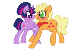 Size: 600x400 | Tagged: safe, artist:sallindaemon, applejack, twilight sparkle, pony, g4, alternate hairstyle, female, lesbian, mare, ship:twijack, shipping