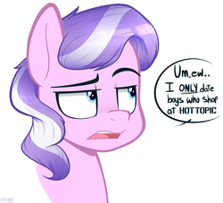 Size: 1842x1674 | Tagged: safe, artist:higglytownhero, diamond tiara, g4, bust, dialogue, female, hot topic, missing accessory, raised eyebrow, solo, unimpressed