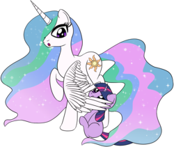 Size: 2000x1684 | Tagged: safe, artist:datapony, princess celestia, twilight sparkle, alicorn, pony, unicorn, g4, duo, filly, filly twilight sparkle, nom, simple background, transparent background, wing bite, younger