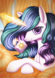 Size: 1024x1448 | Tagged: dead source, safe, artist:crystallinepone, princess celestia, alicorn, pony, g4, female, glowing horn, horn, looking at you, mare, mug, solo