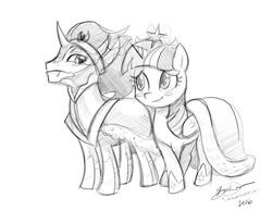 Size: 906x700 | Tagged: safe, artist:imdrunkontea, king sombra, twilight sparkle, alicorn, pony, g4, female, male, monochrome, ship:twibra, shipping, straight, twilight sparkle (alicorn)