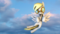 Size: 3840x2160 | Tagged: safe, artist:nightblader, derpy hooves, pegasus, pony, g4, 3d, cloud, female, flying, goggles, happy, high res, looking at you, mare, poster, solo, source filmmaker