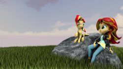 Size: 1920x1080 | Tagged: safe, artist:jarg1994, sunset shimmer, human, pony, unicorn, equestria girls, g4, 3d, field, human ponidox, rock, sitting, source filmmaker