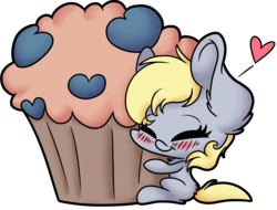Size: 5629x4268 | Tagged: safe, artist:cutepencilcase, derpy hooves, pegasus, pony, g4, absurd resolution, cute, derpabetes, eyes closed, female, food, giant muffin, heart, mare, muffin, simple background, solo, that pony sure does love muffins, transparent background