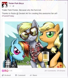 Size: 505x582 | Tagged: safe, artist:razia, applejack, derpy hooves, rainbow dash, pegasus, pony, g4, bubbles (trailer park boys), facebook, female, julian (trailer park boys), mare, ponyhoof, ricky, ricky (trailer park boys), trailer park boys