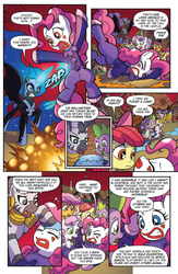 Size: 994x1528 | Tagged: safe, artist:tonyfleecs, idw, official comic, apple bloom, nightmare moon, pinkie pie, scootaloo, spike, sweetie belle, zecora, dragon, pony, zebra, g4, ponies of dark water, spoiler:comic, spoiler:comic45, clothes, clown, comic, cutie mark crusaders, ear piercing, earring, ethereal mane, face paint, female, helmet, hoof shoes, jewelry, leg rings, male, mare, neck rings, nightmare moon glamour, peytral, piercing, preview, speech bubble, starry mane