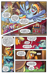 Size: 994x1528 | Tagged: safe, artist:tonyfleecs, idw, official comic, apple bloom, applejack, pinkie pie, rainbow dash, scootaloo, spike, sweetie belle, zecora, earth pony, pegasus, pony, unicorn, zebra, g4, ponies of dark water, spoiler:comic, spoiler:comic45, clothes, clown, comic, cropped, cutie mark crusaders, donaldjack, ear piercing, earring, face paint, facial hair, female, filly, foal, goggles, jewelry, leg rings, male, mare, moustache, neck rings, piercing, preview, sonic rainboom, speech bubble, stallion, supersonic rainbow dash, telegraph