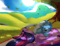 Size: 3900x3000 | Tagged: safe, artist:madacon, trixie, twilight sparkle, alicorn, pony, g4, blanket, cute, female, high res, lens flare, lesbian, mare, newbie artist training grounds, ship:twixie, shipping, sleeping, smiling, twilight sparkle (alicorn)