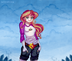Size: 1008x864 | Tagged: safe, artist:lelka-philka, sunset shimmer, equestria girls, g4, my little pony equestria girls: legend of everfree, clothes, cute, female, hand in pocket, human coloration, shorts, smiling, solo