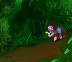 Size: 840x720 | Tagged: safe, artist:halflingpony, pinkie pie, earth pony, pony, g4, cloak, clothes, female, forest, journey, solo