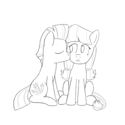 Size: 800x800 | Tagged: safe, artist:unsavorydom, carrot crunch, lily longsocks, g4, cheek kiss, colt, cute, duo, female, filly, foal, kissing, lilycrunch, lineart, male, monochrome, shipping, straight