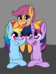 Size: 664x877 | Tagged: safe, artist:zogzor, rainbow dash, scootaloo, twilight sparkle, pony, g4, group, implied twidash, newbie artist training grounds, ponies riding ponies, pony hat, prone, riding, scootaloo riding rainbow dash, scootalove, smiling