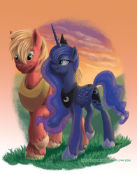 Size: 792x1008 | Tagged: safe, artist:raynesgem, big macintosh, princess luna, earth pony, pony, g4, cloud, couple, duo, evening, male, ship:lunamac, shipping, stallion, straight, strolling, twilight (astronomy), updated, walking, wavy mouth