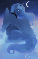 Size: 2508x3843 | Tagged: dead source, safe, artist:serafelis, princess luna, alicorn, pony, g4, blushing, cloud, crescent moon, female, high res, lidded eyes, looking down, mare, moon, night, sitting, solo, spread wings, stars