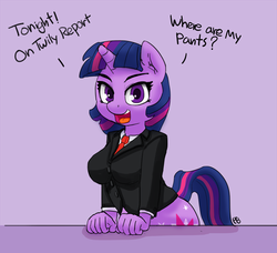 Size: 1280x1166 | Tagged: safe, artist:pabbley, twilight sparkle, unicorn, anthro, g4, bottomless, breasts, busty twilight sparkle, clothes, dialogue, ear fluff, female, leaning, lego, lidded eyes, looking at you, necktie, open mouth, purple background, simple background, smiling, solo, talking to viewer, the lego movie, tuxedo, unicorn twilight, wat, we don't normally wear clothes, where are my pants
