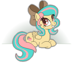 Size: 400x369 | Tagged: safe, artist:matteglaze, oc, oc only, oc:vanilla ganache, pegasus, pony, freckles, grin, hair bow, looking back, lying down, pixel art, smiling, solo