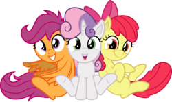 Size: 8345x4971 | Tagged: dead source, safe, artist:agamnentzar, artist:tim015, apple bloom, scootaloo, sweetie belle, earth pony, pony, g4, absurd resolution, cutie mark crusaders, looking at you, simple background, sitting, smiling, transparent background, vector