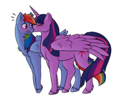 Size: 2500x2000 | Tagged: safe, artist:leafflurry, artist:siferian, rainbow dash, twilight sparkle, alicorn, pony, g4, blushing, cheek kiss, eyes closed, female, high res, kissing, lesbian, mare, ship:twidash, shipping, shoulder fluff, simple background, twilight sparkle (alicorn), unshorn fetlocks, white background, wing fluff