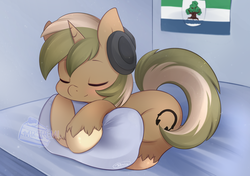 Size: 1280x902 | Tagged: safe, artist:mrsremi, oc, oc only, oc:eastern spirit, pony, unicorn, eyes closed, flag, headphones, pillow, unshorn fetlocks