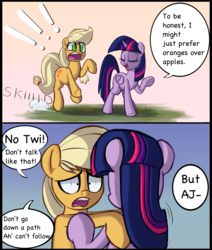 Size: 2540x2991 | Tagged: safe, artist:january3rd, applejack, twilight sparkle, alicorn, pony, g4, apple, comic, dishonorapple, duo, high res, lord of the rings, that pony sure does love apples, twilight sparkle (alicorn)