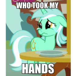 Size: 480x480 | Tagged: safe, lyra heartstrings, g4, crying, hand, image macro, meme, sad, that pony sure does love hands