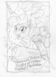 Size: 1221x1666 | Tagged: safe, artist:ciaran, derpibooru exclusive, pinkie pie, caption, confetti, female, monochrome, party cannon, sketch, solo, tarot card, tarot:once upon a time, traditional art