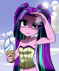 Size: 1000x1200 | Tagged: safe, artist:nekojackun, aria blaze, equestria girls, g4, aria flat, armpits, bare shoulders, belly button, clothes, cloud, covering, delicious flat chest, dessert, female, hot, ice cream, ice cream cone, melting, midriff, sky, sleeveless, solo, strapless, summer, sun, tube top