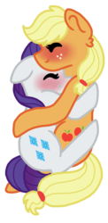 Size: 1131x2319 | Tagged: safe, artist:ivybrush, applejack, rarity, pony, g4, cuddling, female, lesbian, mare, missing accessory, ship:rarijack, shipping, snuggling