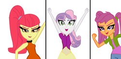 Size: 1464x712 | Tagged: safe, artist:zahadyozivaji, apple bloom, scootaloo, sweetie belle, equestria girls, g4, alternate universe, cutie mark crusaders, dazzling