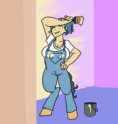 Size: 1225x1282 | Tagged: safe, artist:/d/non, oc, oc only, oc:palette, satyr, big breasts, breasts, clothes, female, overalls, painting, parent:fresh coat