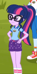 Size: 346x678 | Tagged: safe, screencap, rainbow dash, sci-twi, twilight sparkle, equestria girls, g4, my little pony equestria girls: legend of everfree, animated, clothes, converse, cropped, cute, female, gif, glasses, hand on hip, hips, legs, ponytail, shoes, shorts, twiabetes