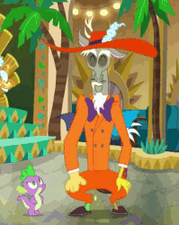 Size: 462x581 | Tagged: safe, screencap, discord, spike, draconequus, dragon, dungeons and discords, g4, season 6, animated, cropped, dancing, discord being discord, duo, duo male, gif, loop, male, the mask, zoot suit