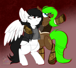 Size: 1024x919 | Tagged: safe, artist:creativechibigraphic, oc, oc only, oc:revi stiletto, oc:sprocket, earth pony, pegasus, pony, bipedal, clothes, deviantart watermark, duo, friends, gauntlet, hoof around neck, leather jacket, obtrusive watermark, steampunk, watermark