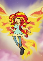Size: 2290x3206 | Tagged: safe, artist:bratzoid, sunset shimmer, equestria girls, g4, my little pony equestria girls: rainbow rocks, my past is not today, cute, female, fiery shimmer, fiery wings, flying, happy, high res, microphone, singing, smiling, solo, sunset phoenix