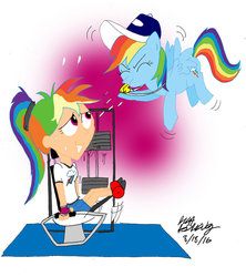 Size: 842x948 | Tagged: safe, artist:newportmuse, rainbow dash, human, equestria girls, g4, blowing, blowing whistle, coach, gym, human ponidox, puffy cheeks, rainblow dash, rainbow dashs coaching whistle, spit, spitting, that pony sure does love whistles, training, weight lifting, whistle, whistle necklace, worlds collide