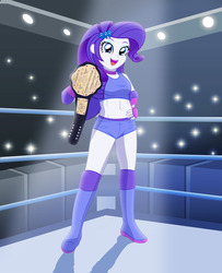 Size: 1954x2406 | Tagged: safe, artist:sumin6301, rarity, equestria girls, g4, belly button, championship belt, clothes, female, fingerless gloves, gloves, looking at you, midriff, open mouth, shorts, solo, sports bra, spotlight, wrestling, wrestling ring